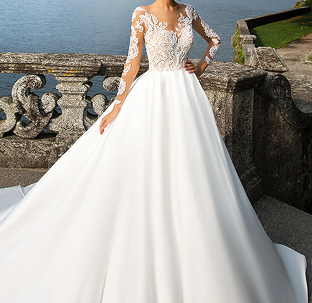 chinese dress ladies White Lace Illusion Long Sleeve Boho Wedding Dresses, AB1512 – AlineBridal