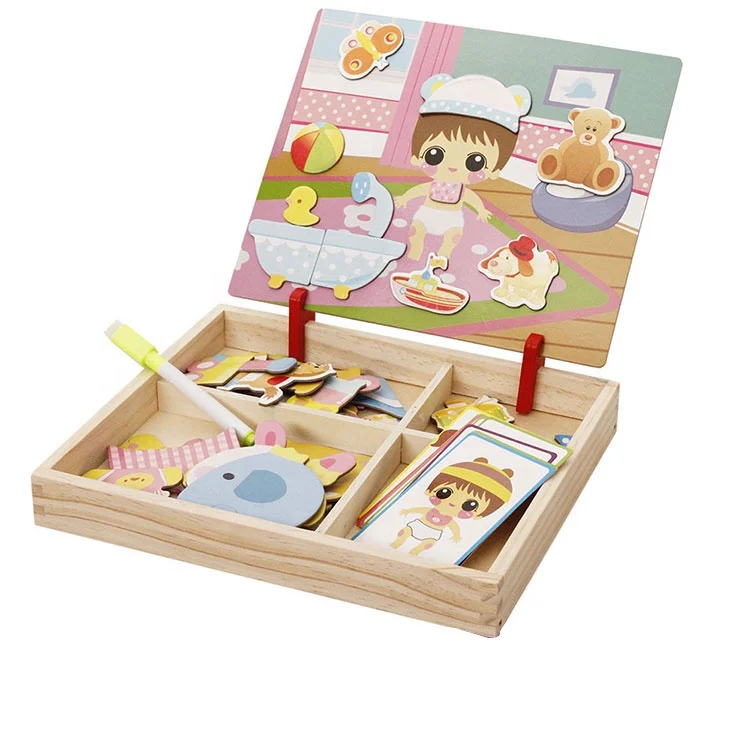Multifunction Dry Scene Magnet Puzzles Game Set 3D Clown Puzzle Educational Children Wooden Magnetic Block Puzzle Toys