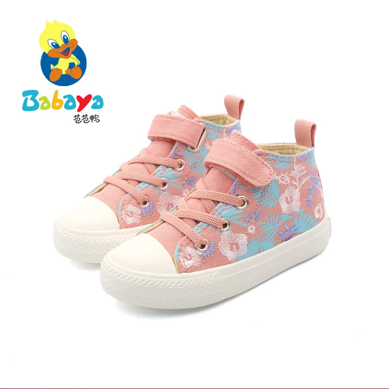 
 8123 HUANQIU 2019 новейшие модные розовые цветочные узоры высокие детские школьные холщовые туфли компьютерная строчка  