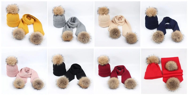 
SF0397 детская зимняя шапка, шарф, вязаная теплая шапка и шарф для младенцев, Детский костюм с меховым помпоном 