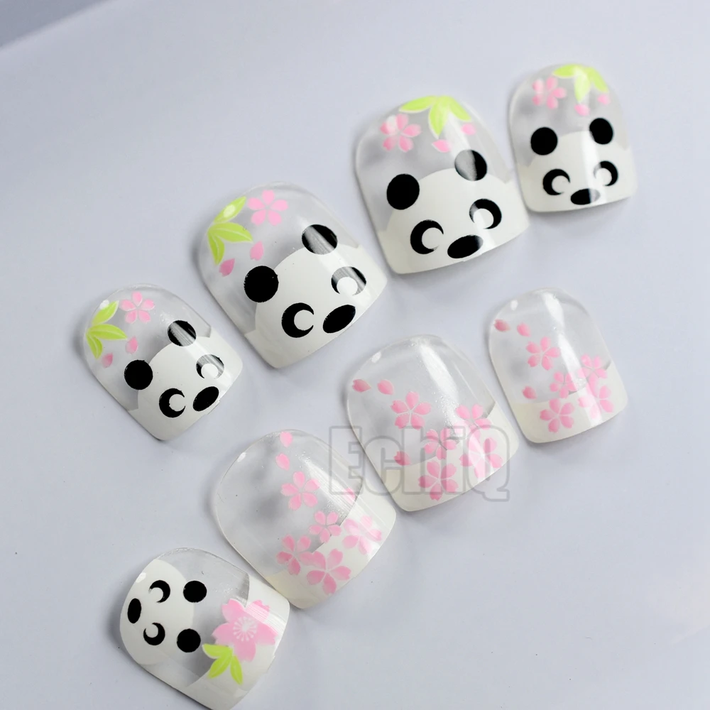 24 Stks Kids Clear White Franse False Nail Tips Baby Panda Bamboe Roze Bloemen Nep Art Volledige Cover Nail Voor Meisjes Kinderen - Buy Nagels,Kid Nagels,Cartoon Druk Op Product