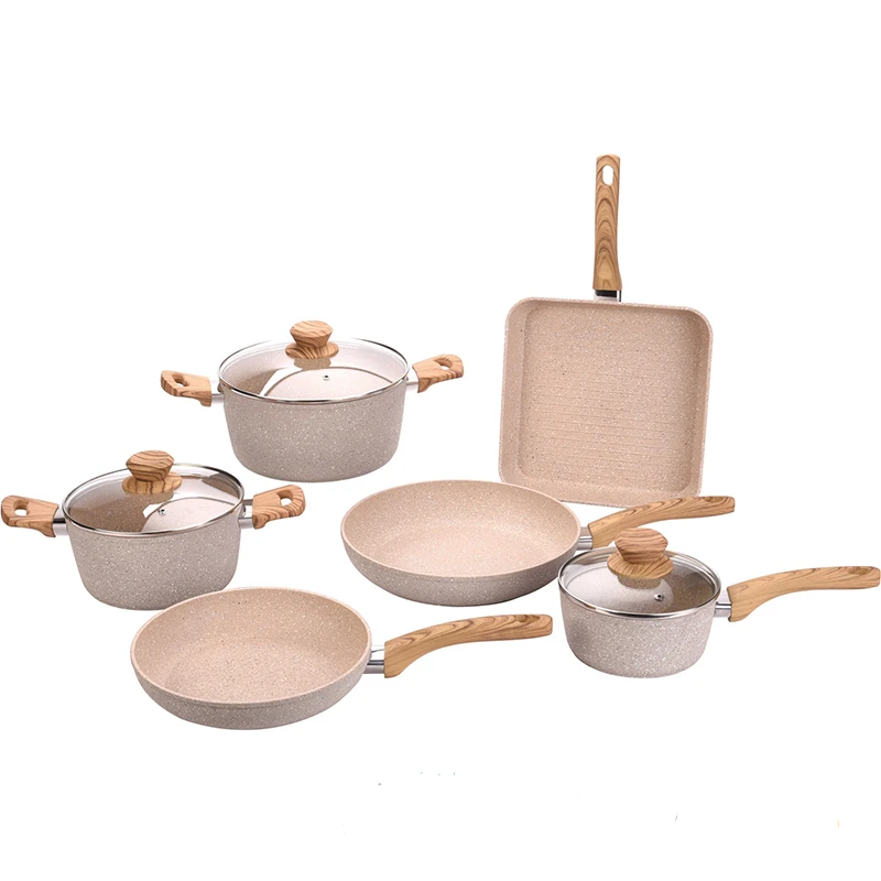 Parini Masterclass Premium Cookware Marble Pink Cookware Set Wooden Handle