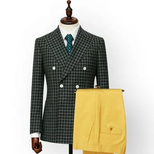 Custom Men's Suit Pants Double-Breasted Closure Dark Green Checked Wool Fabric Coat Flat Front Plus Size Design Zipper Fly