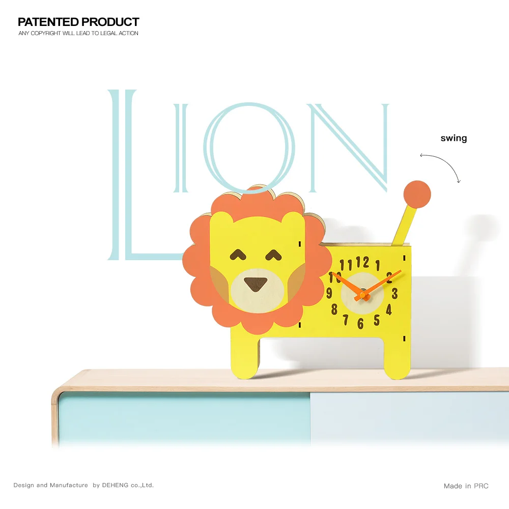 Fancy Design lion Shape Cartoon Style  Pendulum Movement  Wooden Wall Clock for Kids Room Decoration