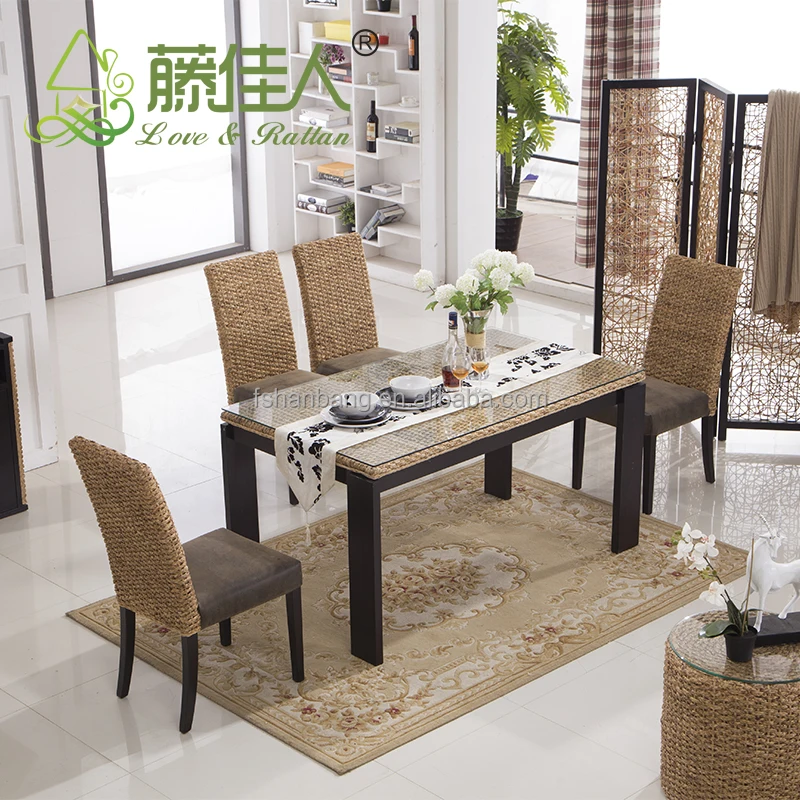 Java Home Living Sunroom Natural Rattan Water Hyacinth Bamboo Dining Table Chairs Set Bali Style Indonesia Furniture