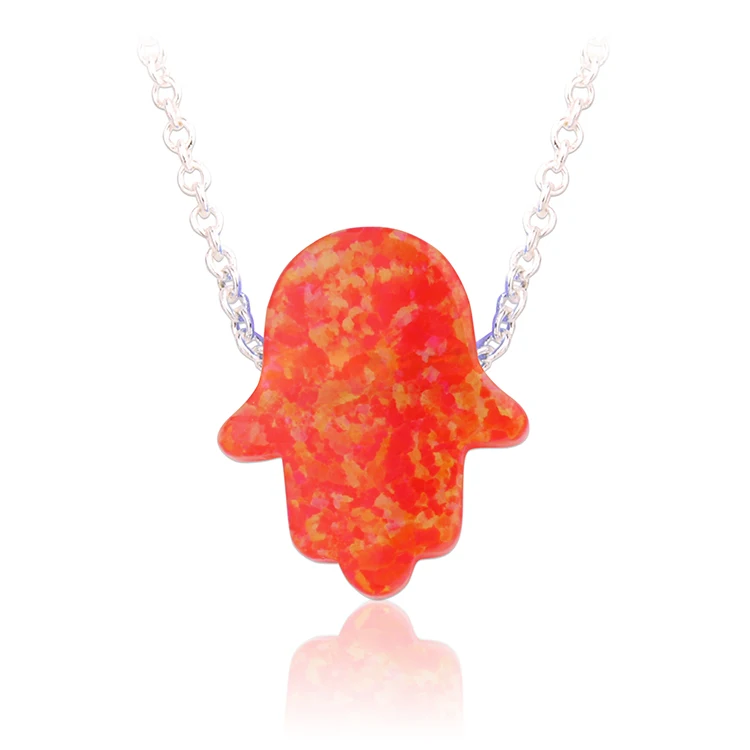 Factory Process 925 Sterling Silver Link Chain Hamsa Hand Opal Necklace 11x13mm Fatima Hand Fire Opal Stone Silver Jewelry