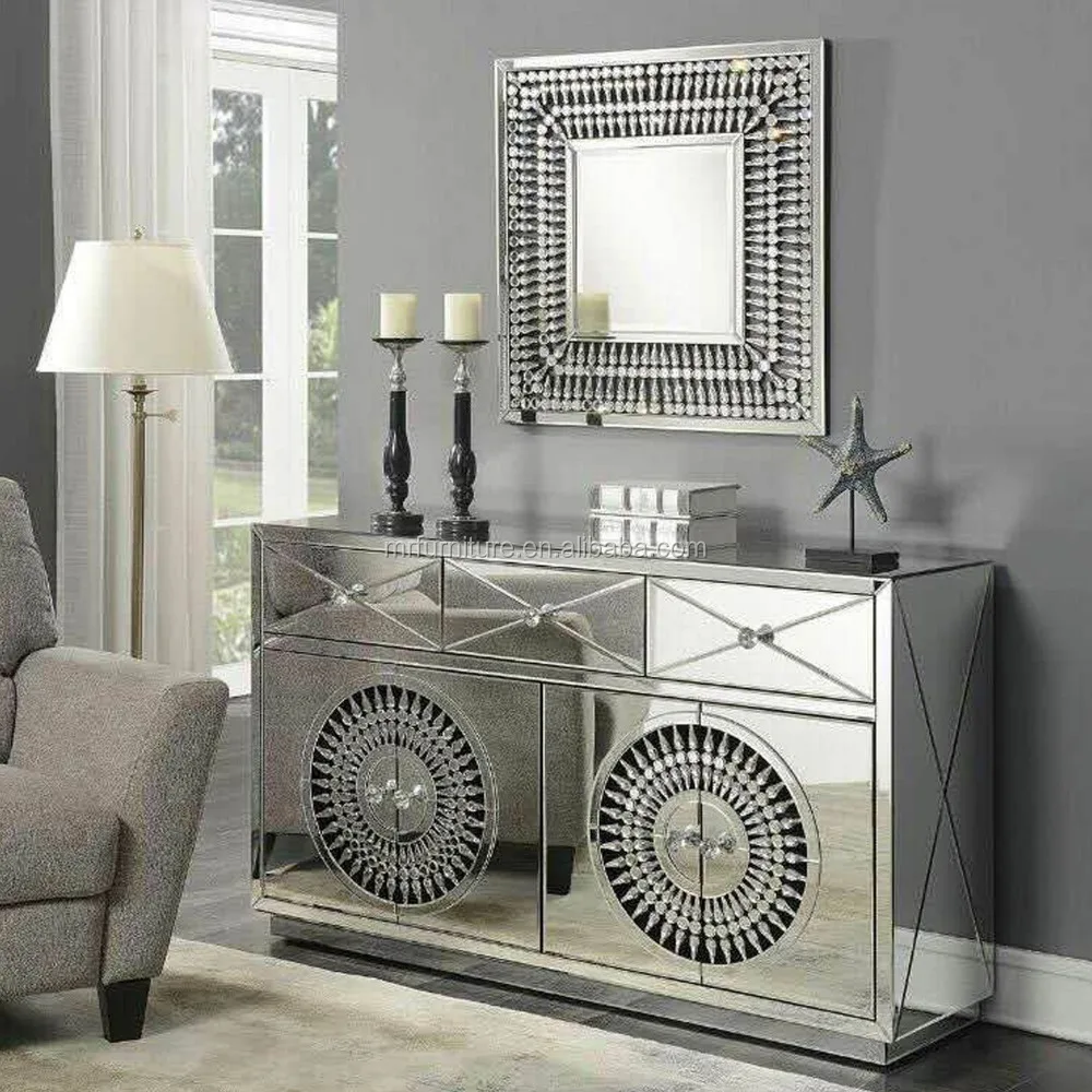 Sofia Crystal Diamond Mirrored Living Room Sideboard Furniture
