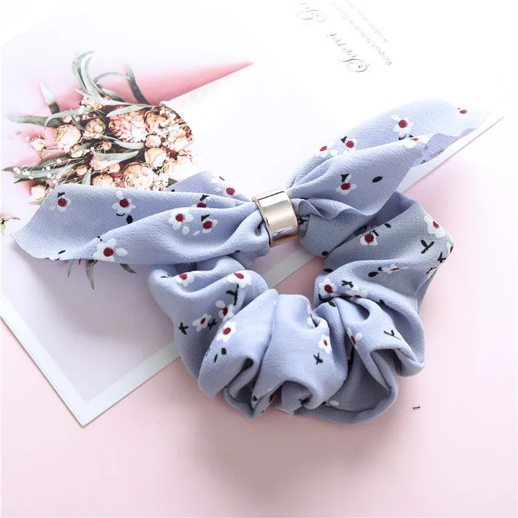 Fashion Flower Print Hair Scrunchies Bunny Ear Ponytail Holder Ties Women