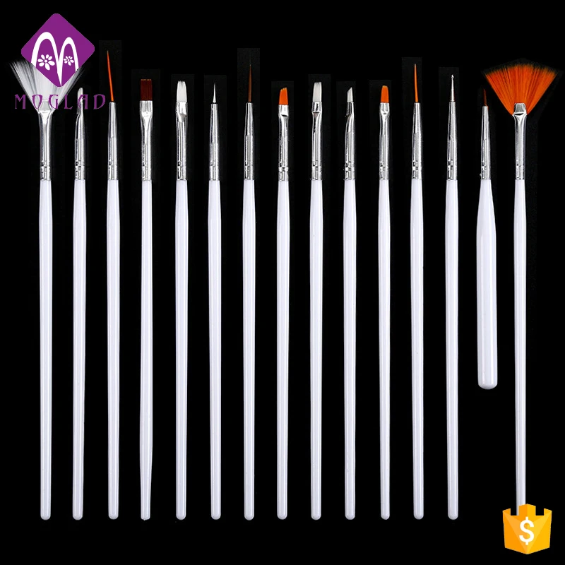 15Pcs Nail Art Brush Set White Handle Nycon Hair Nail Painting Brush Multipurpose Nail Brush Flat