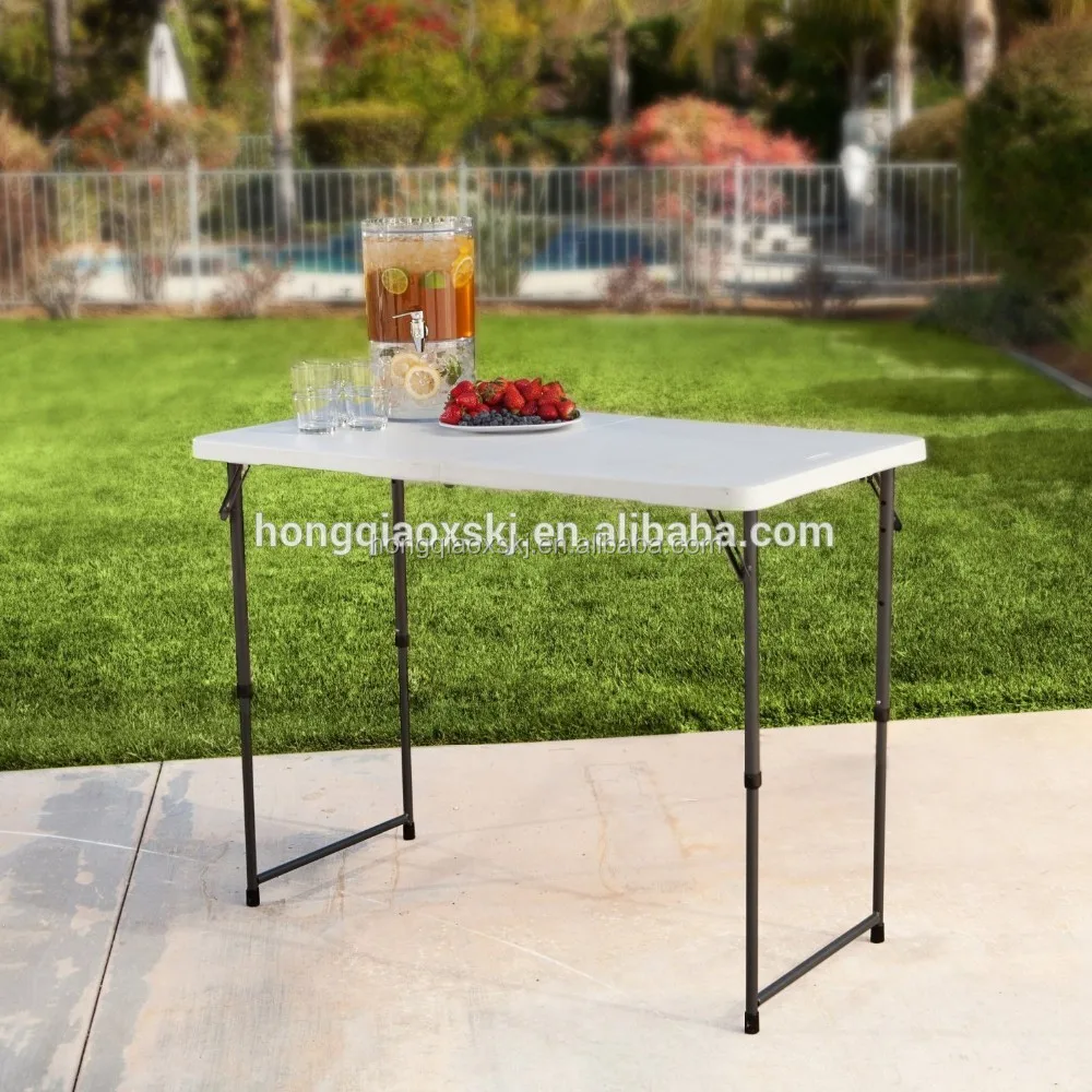 4-Foot Rectangular Adjustable Height Fold up Table White Granite Plastic  Blow-Molded Folding Table for Outdoor Used