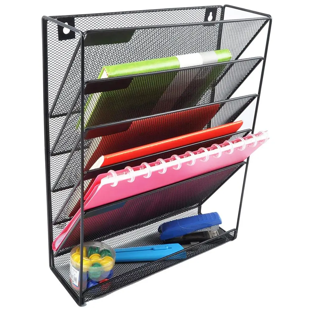 Organizador De Archivos De Pared De Malla Plateada (5 Niveles): Ahorra Espacio En Tu Escritorio Con Estante Colgante Vertical
