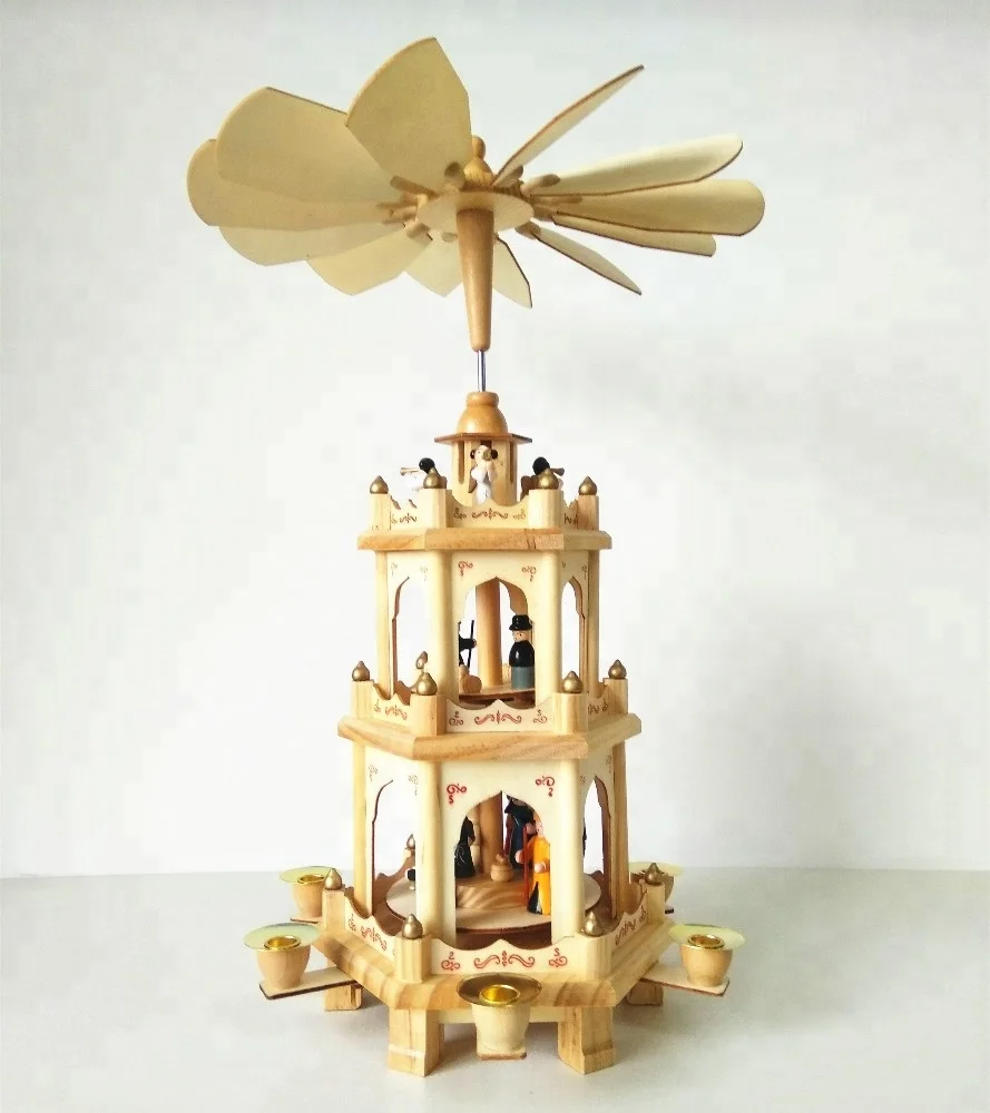 Nativity Scene Handmade Weihnachts Wood Pyramide  With 6 Candle Holders
