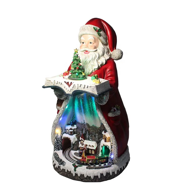 Wholesale Tabletop OEM Battery Led Illuminated Musical Resin Santa Claus Christmas Decoration with Moving Village Scene