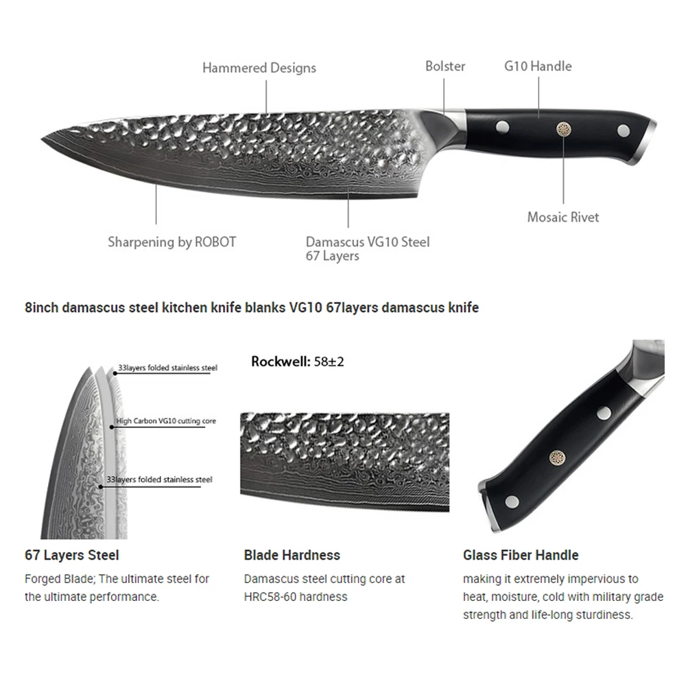 Commercial Chef Professional 8-Inch Chef Knife - 7cr17mov Stainless Steel  With Triple Rivet Ergonomic G10 Handle With Knife Sharpener