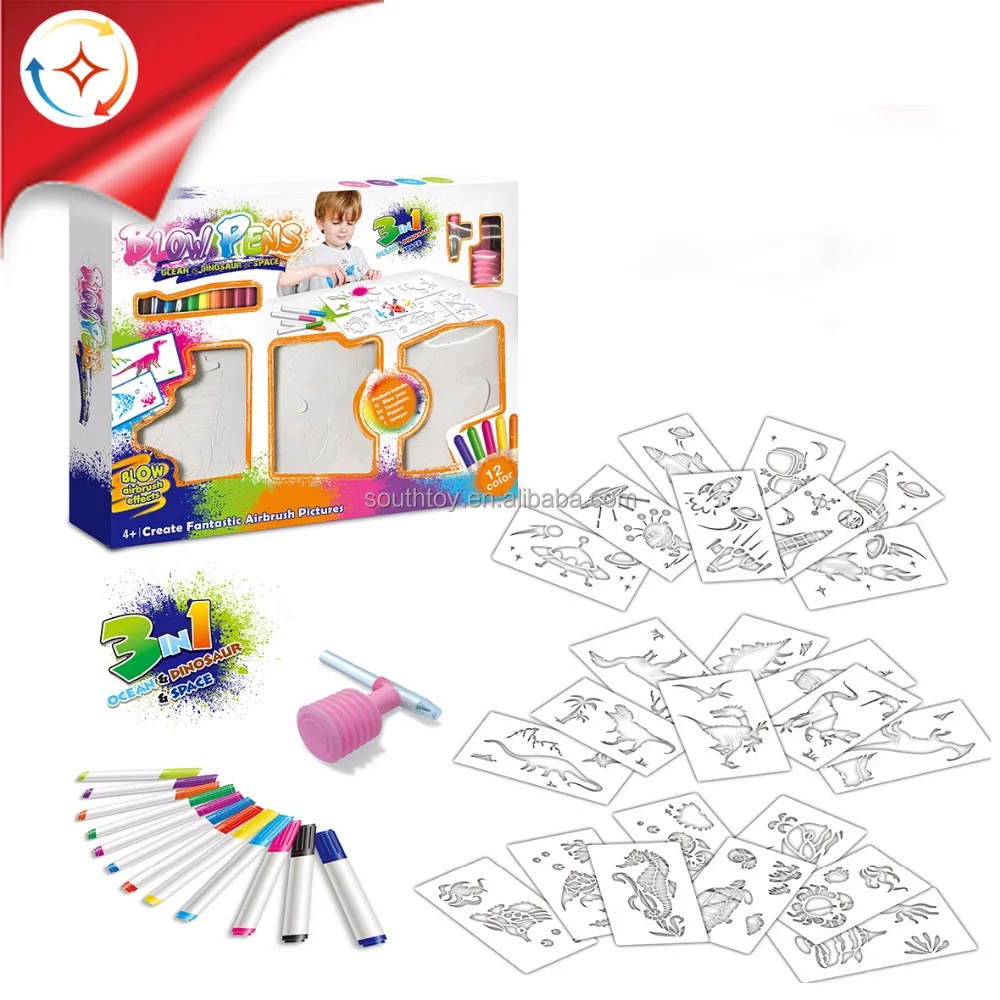 Air Brush Markers Blow Pen Art Kit Set, Color Markers, Spray Tool, Magic  Effetive Markers, Stencil Sheet,airbrush Markerz Playset That You Blow Into  The Airbrush Pen And It Sprays The Ink On