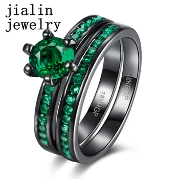 Antique color emerald green lantern wedding ring set