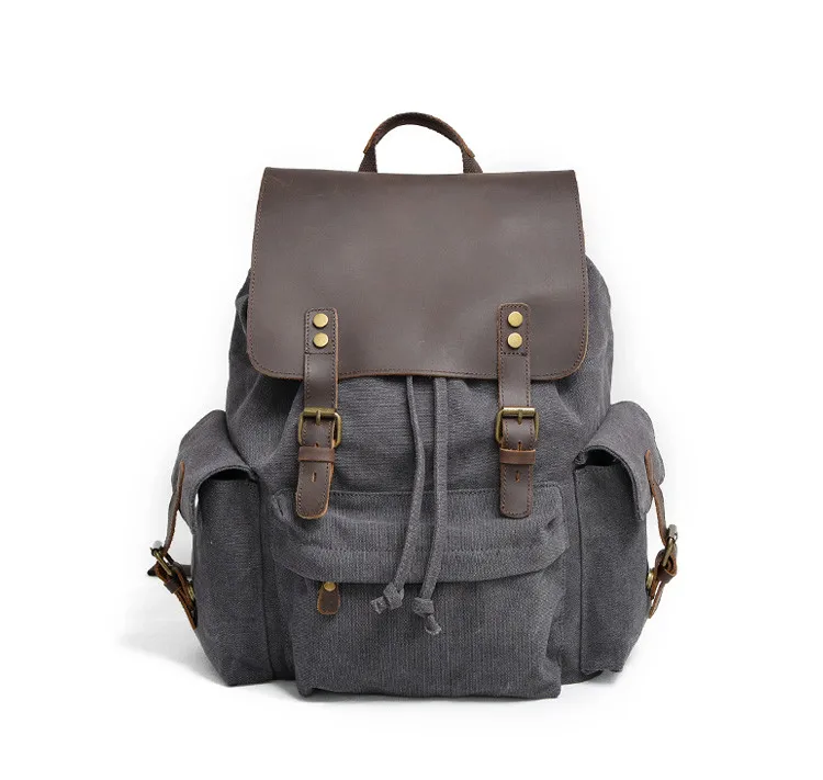 Men waxed leather outdoor rucksack laptop waterproof high capacity leisure canvas backpack