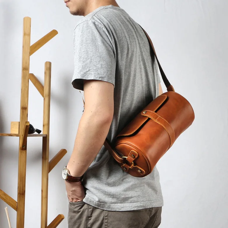 Light Brown Leather Mens Barrel Shoulder Bag Side Bag Messenger Bag Fo