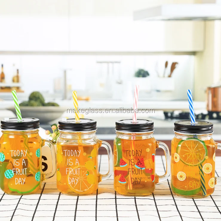 Fruit Juice Glass Mason Jar with Handle Mason Mug From Zibo Supplier