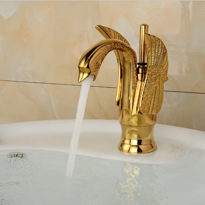 Современный Смеситель для ванной комнаты, золотистый смеситель с одной ручкой, крепление на поверхность, лебедь, смеситель для горячей и холодной воды, смеситель для раковины