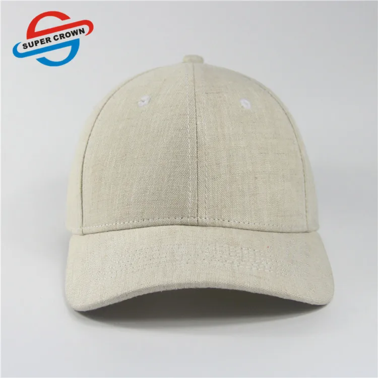 Wholesale Elastic Band Closure Plain Logo 6 Panel Beige Linen Baseball Caps for Women