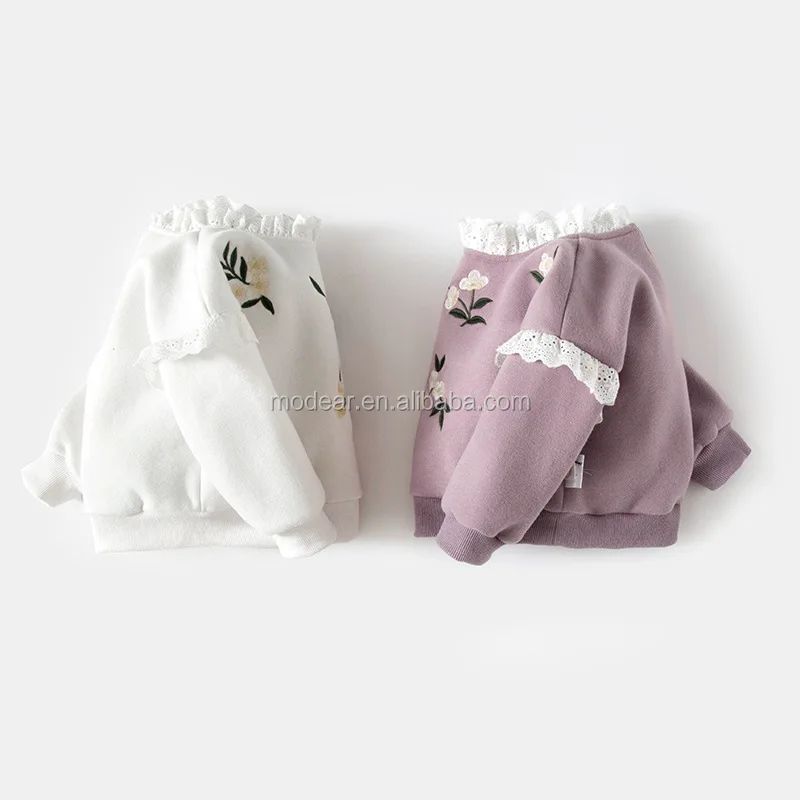 2017 новая одежда для новорожденных на флисовой подкладке цветочной вышивкой кружевной воротник Детский свитер