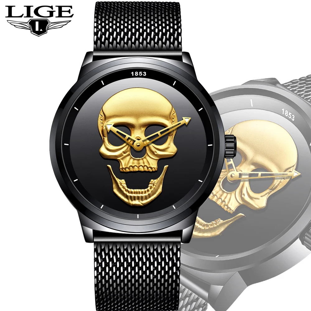 LIGE 3D Skull Men's Watch | on sale 3D Skull Watch by LIGE | Men wristwatch | Water Resistance watch | Quartz Wristwatch | Stainless Steel