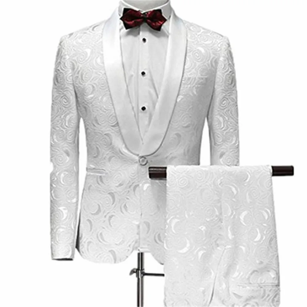 Latest Casual White Pattern Slim Fit Men Wedding Suits
