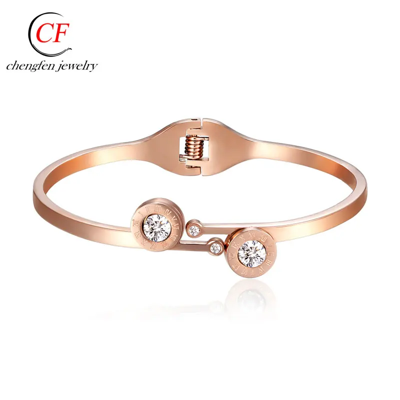 Simple Design Rose Gold Color Circle Cuff Bangles With Stone Stainless Steel Ladies Wedding Bangle