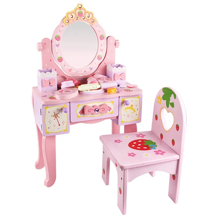 Pretend Play Toy Education Kids Girl Makeup Gift Set Toy Wooden Pink Baby Dressing Table Toy Set
