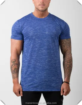 Fashion Tapered Fitness T Shirt Heather Blue Mens Gym T Shirts Soft Polyester Spandex Slim Fit Sports T Shirts