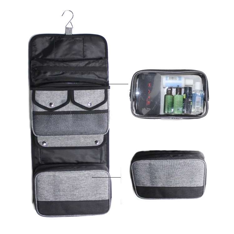 Personalized Folding Luxury Travel Canvas Roll Top Toiletry Bags Mens with Logo Makeup Cosmetic Bag with Hanging Hook