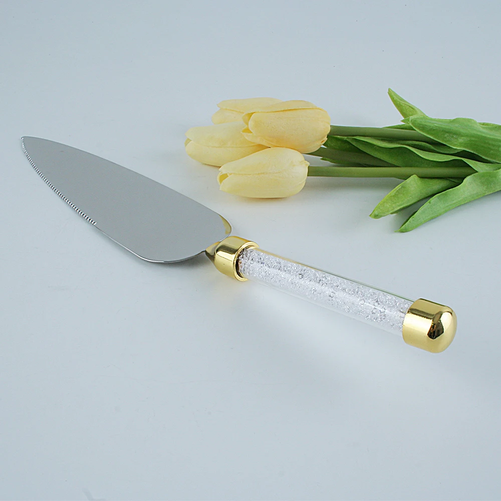 Wedding Cake Knife And Server Set Goldenplated With Handset Crystals