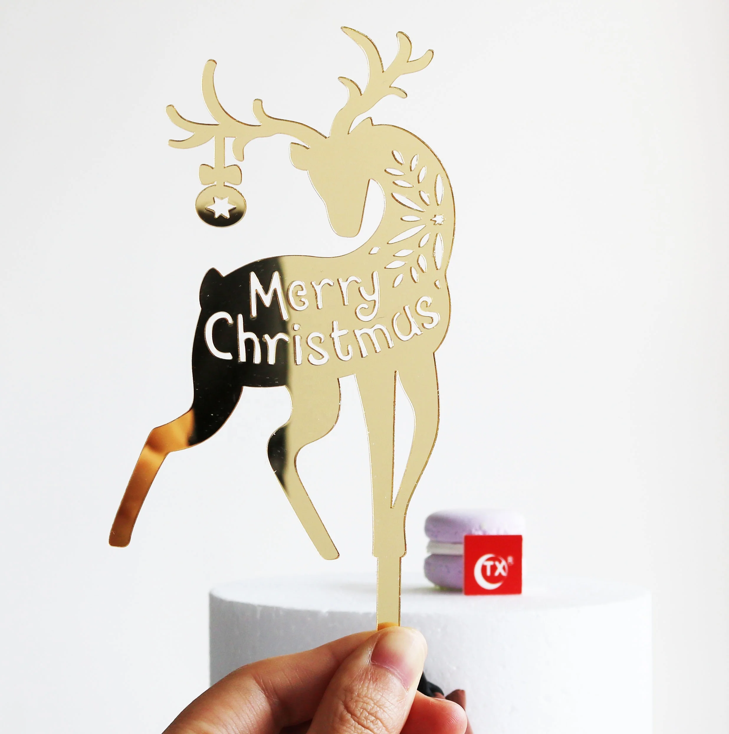 Acrylic Gold Mirror Merry Christmas Reindeer Cake Topper Xmas Cake Decorations