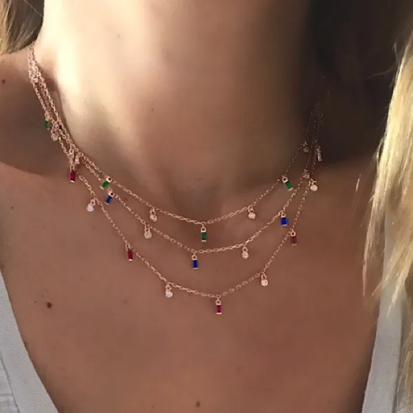 2023  Colorful Rectangle Cubic Zirconia Cz Drop Charm Multi Layer Women Elegant Summer Necklace