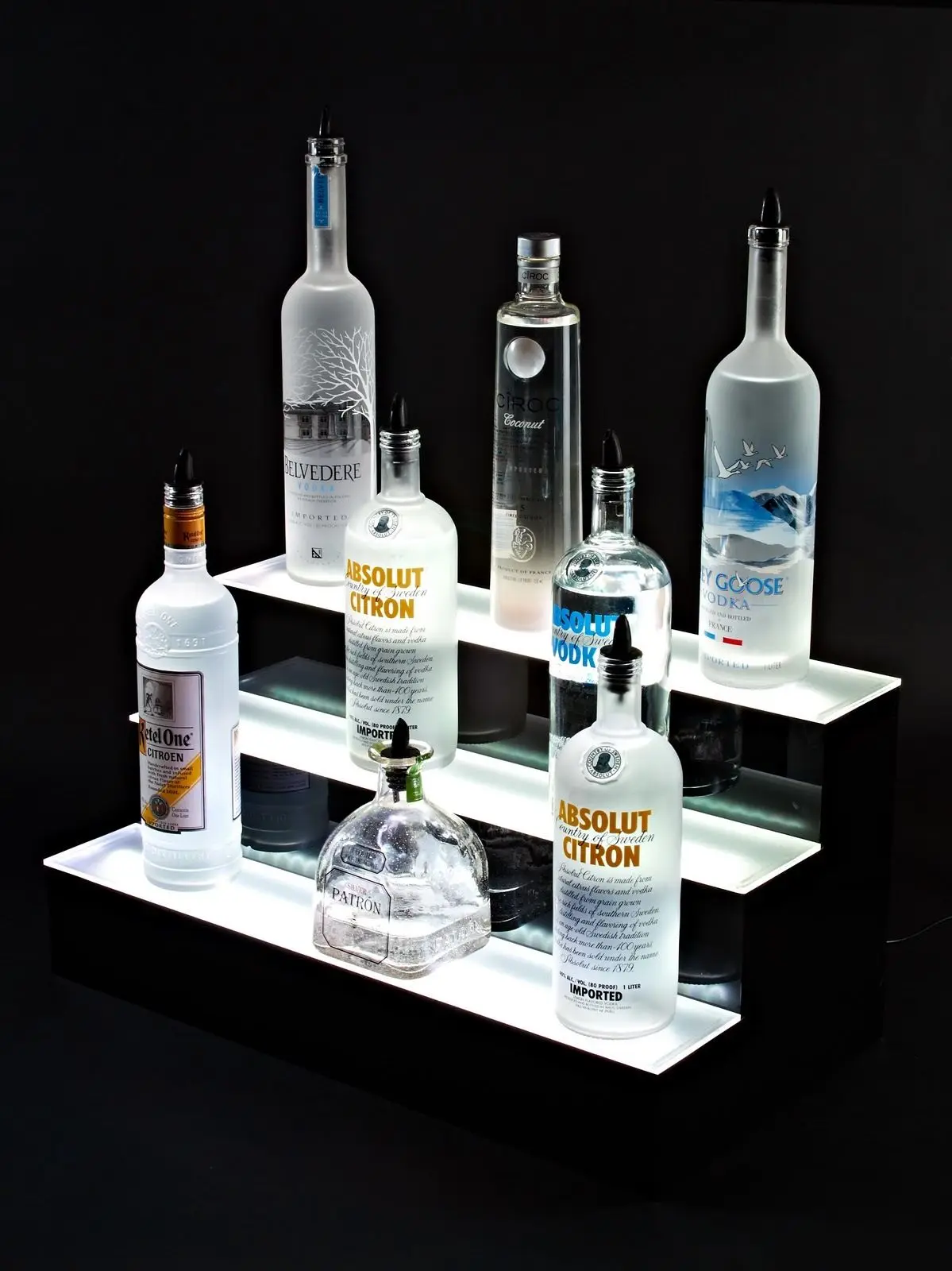 
3 яруса кружевных шаг со светодиодной подсветкой ликерная бутылочная полки дисплея 