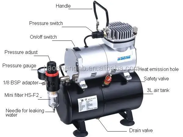 HSENG AS186K Complete Gravity Dual Action Airbrush Set KIT with Air Compressor for Hobby Cake Tattoo