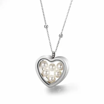 Heart shape 316l stainless steel memory floating glass thick pearl locket pendant