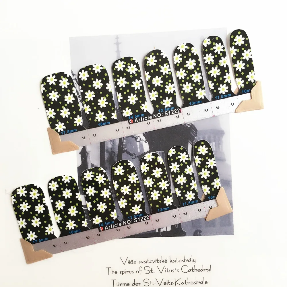 Foral Black Daisy Nail Arts Stickers 14 pcs set Full Tape Patch Waterproof Foils Decals Polish
