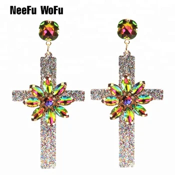 NeeFu WoFu Drop Resin Cross Earrings Brand Crystal Big Earring Large Long Brinco Ear Accessories Oorbellen Christmas
