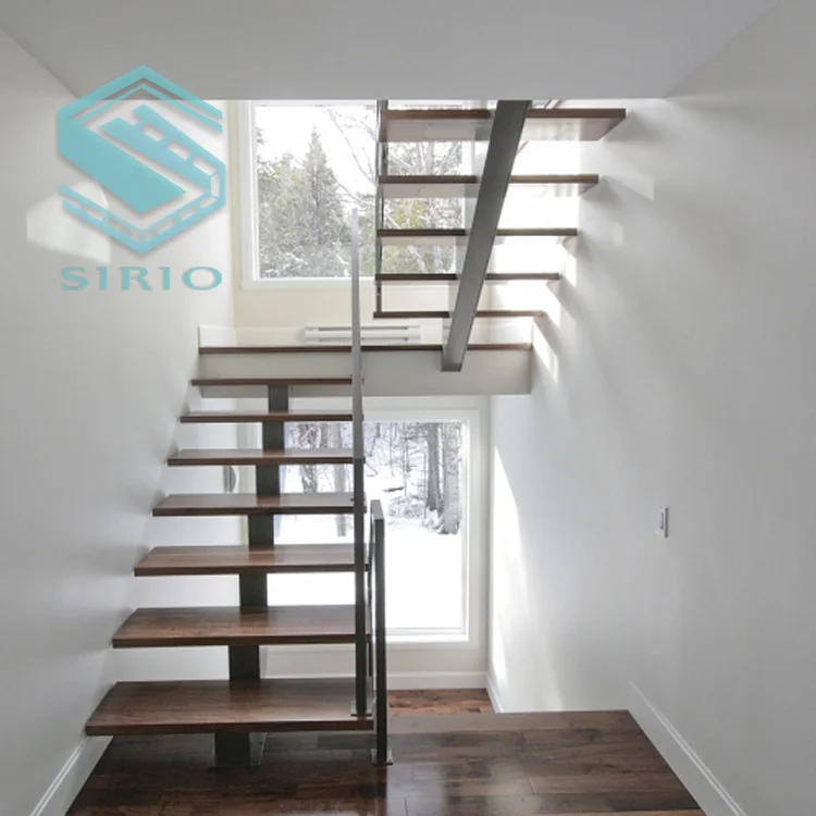Laminated Safety Glass stairs with Metal Single Beam Staircase and wood treads