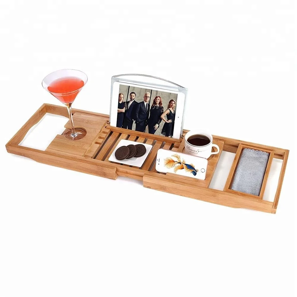 Wholesale Luxury Bamboo Bath Caddy Double Cup Bath Tub Table for Home Bathroom Single Layer for Hotels