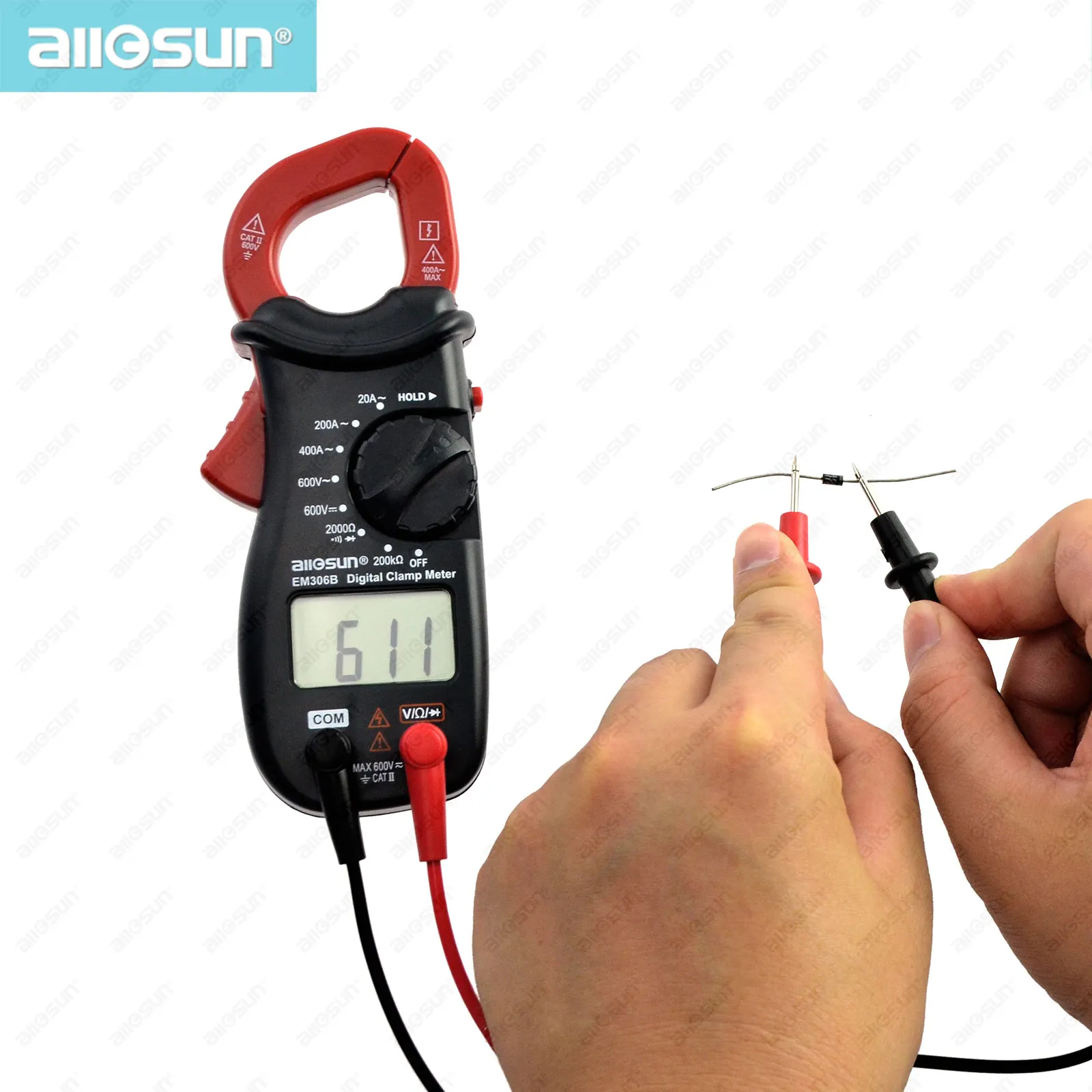 
 Allosun ручной зажим-измеритель цифровой AC DC Volt AC Amp OHM ЖК-дисплей звуковой диод тестер портативный ручной мультиметр-зажим  
