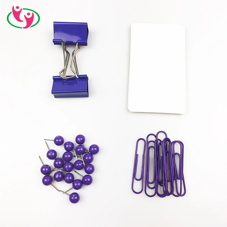 Purple Color Metal Binder Paper Clip Map Push Pin Memo Pad Stationery Set