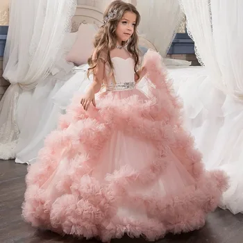 Boutique Ball Gowns For Little Girls Pink Dress Kids Wedding Party Ruffles Tulle Gowns Girls Children Backless Dresses