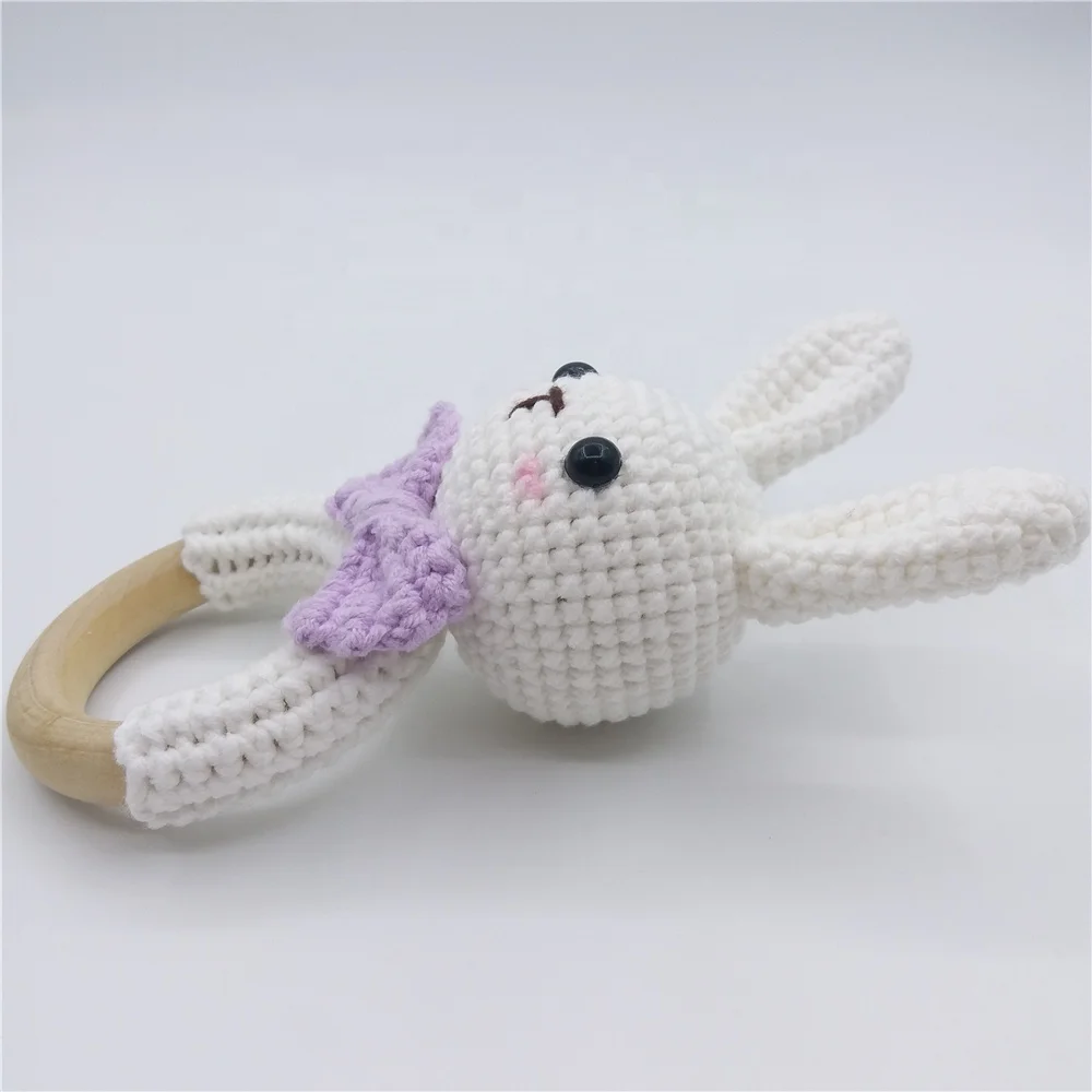 Natural Organic Cotton nursery crochet Stuffed animal Amigurumi bunny Rabbit toy gift baby teething rattle