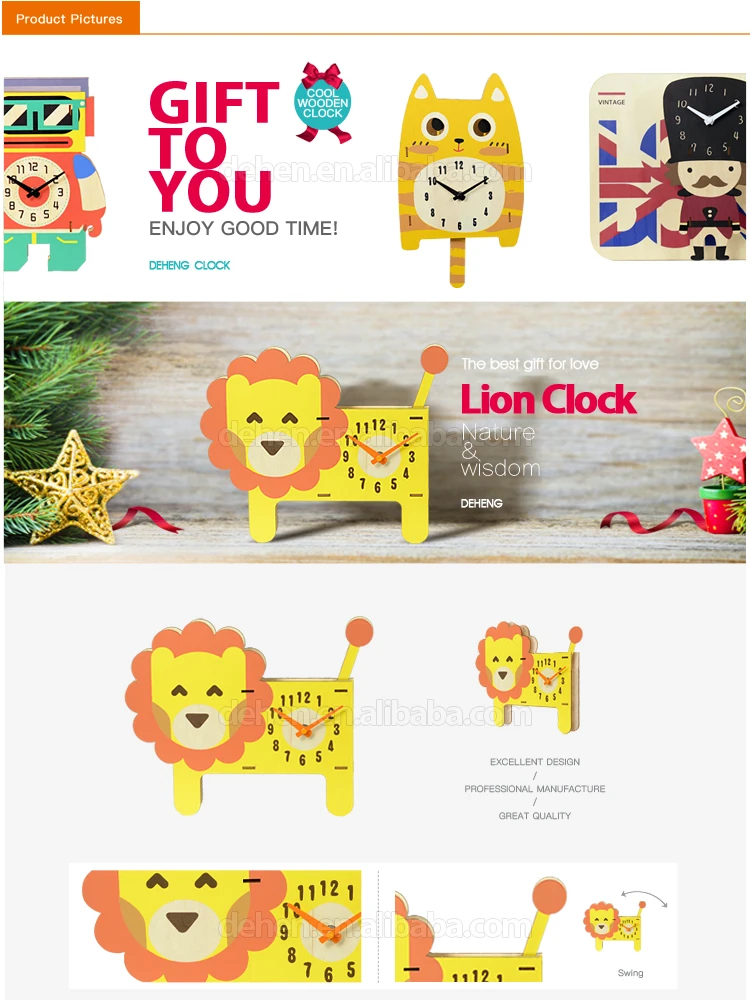 Fancy Design lion Shape Cartoon Style  Pendulum Movement  Wooden Wall Clock for Kids Room Decoration