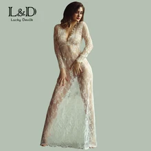 Maxi Plus Tamaño de Las Mujeres de la Piso-Longitud Negro Blanco Vestido de Encaje Otoño Ajustar La Cintura Sexy Opacidad Floral Vestido DR5046