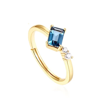 Natural blue topaz gemstone gold ring design, S925 silver engagement baguette ring