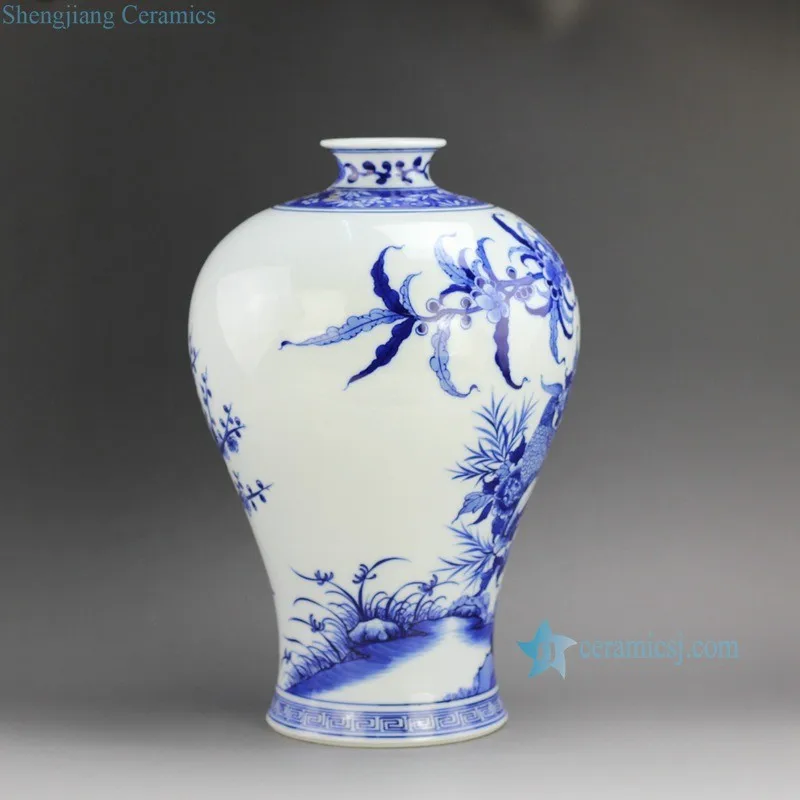RZFD02 h 13 英寸清朝康熙时期复制明亮的蓝色白花鸟瓷花瓶